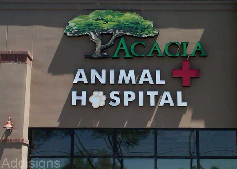 Acacia Animal Hospital pan channel letter signage on a building